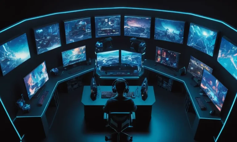 Una persona rodeada de pantallas de ordenadores y consolas de juego