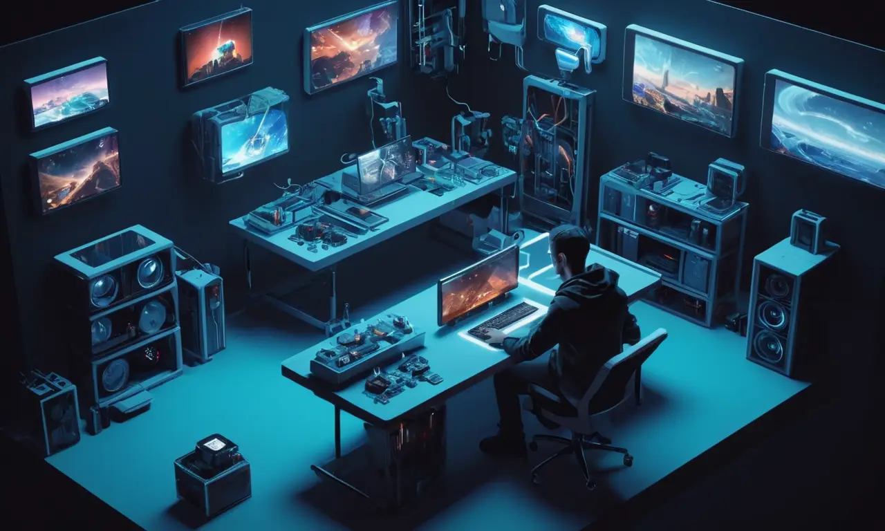 Un modder futurista rodeado de pantallas y gadgets, contemplando el futuro del modding.