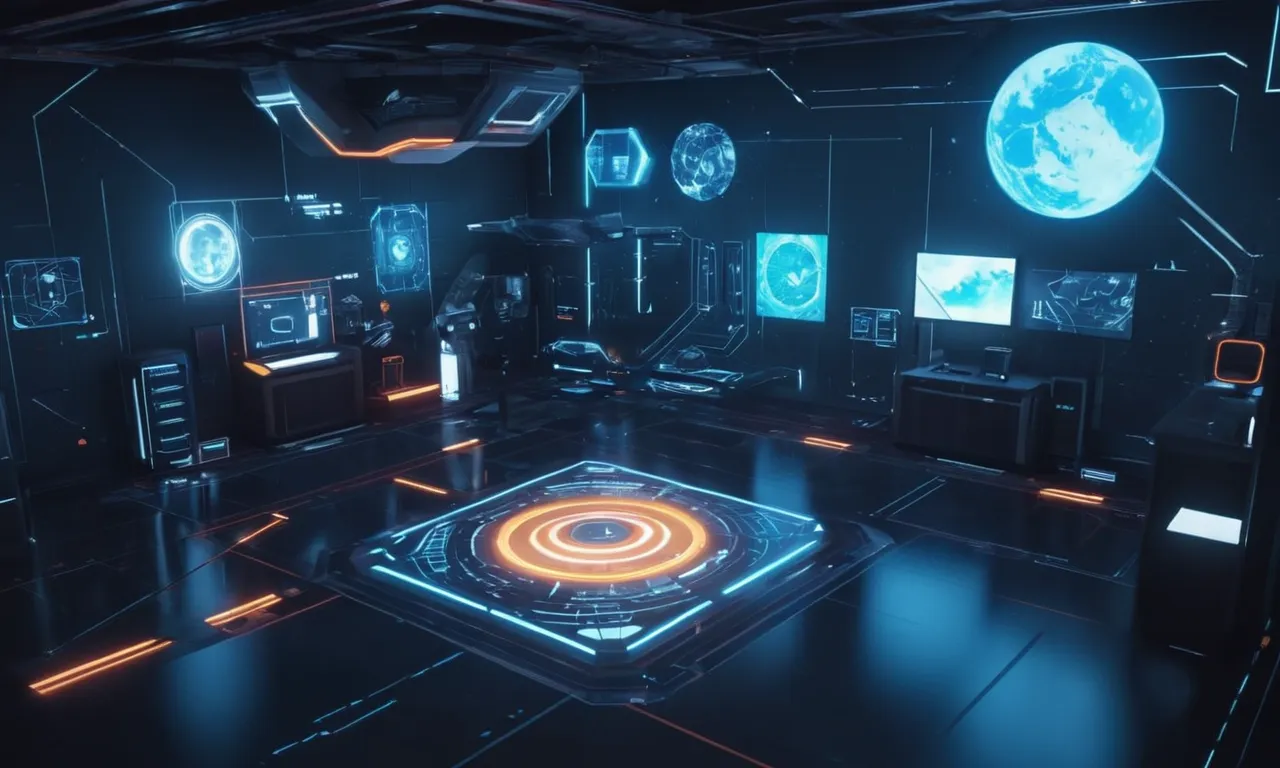 Un ambiente futurista de realidad virtual con superposiciones de realidad aumentada y herramientas de modding.