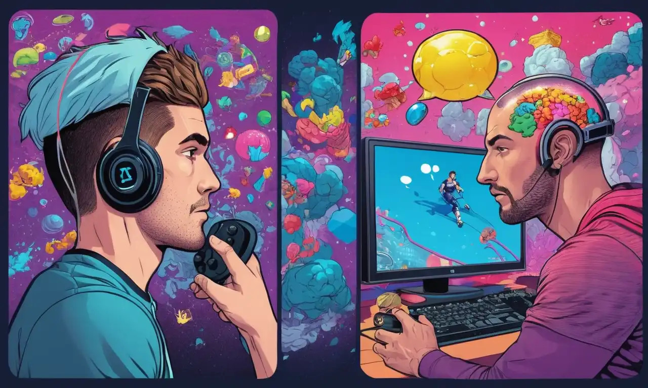 Una imagen de pantalla dividida que compara un jugador profesional con un atleta, con burbujas de pensamiento y escaneos cerebrales destacando sus estrategias mentales compartidas.