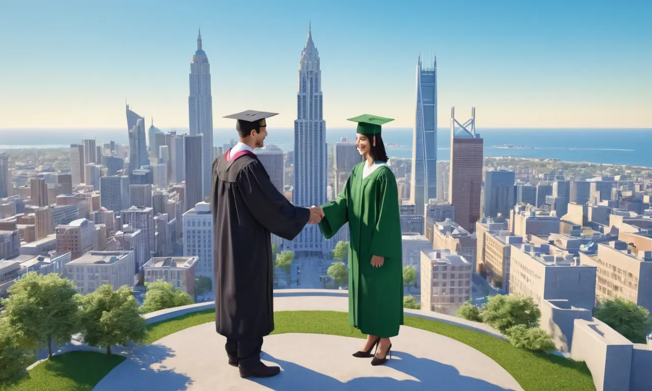 Una mano profesional temblando con un graduado universitario frente a un horizonte urbano, simbolizando oportunidades de carrera.