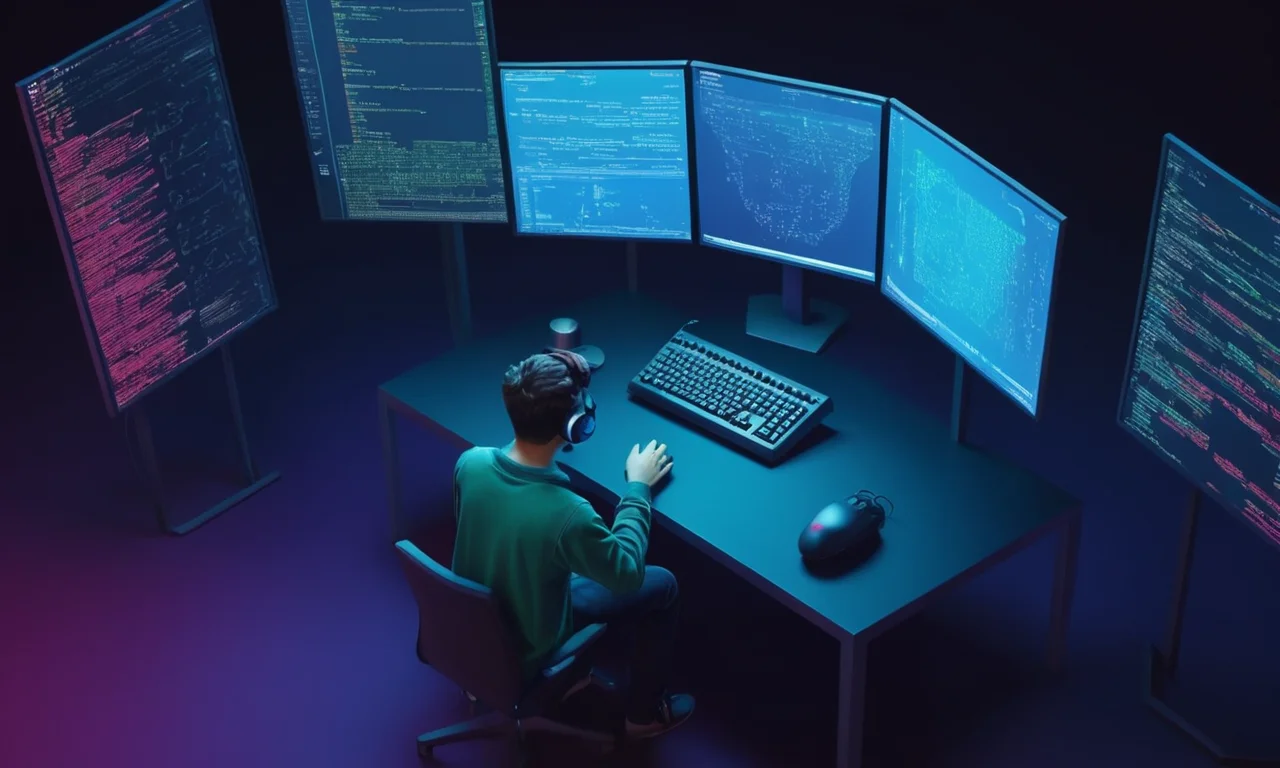 Un código de escritura programador en una pantalla con un personaje de juego en el fondo.