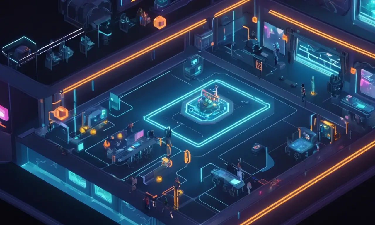 Una escena futurista de videojuegos con personajes de IA y entornos inmersivos en un dispositivo móvil.