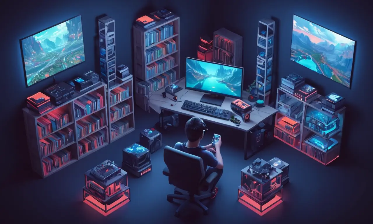 Un jugador rodeado de consolas de juego, libros y pantallas de ordenador con fragmentos de código.