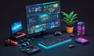 Un PC de jugadores con software de codificación y recursos de desarrollo de juegos abiertos en la pantalla