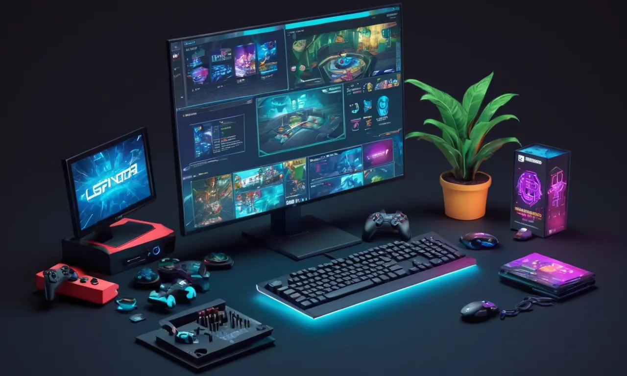 Un PC de jugadores con software de codificación y recursos de desarrollo de juegos abiertos en la pantalla