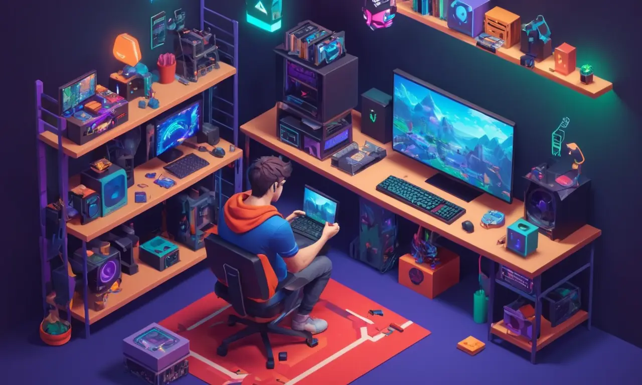 Un jugador rodeado de herramientas de desarrollo del juego y referencias con una consola en el fondo.