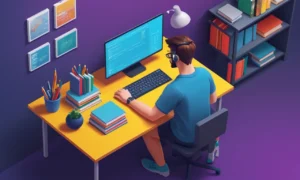 Un desarrollador de juegos móviles sentado en un escritorio con libros de codificación y un portátil abierto a un editor de códigos.