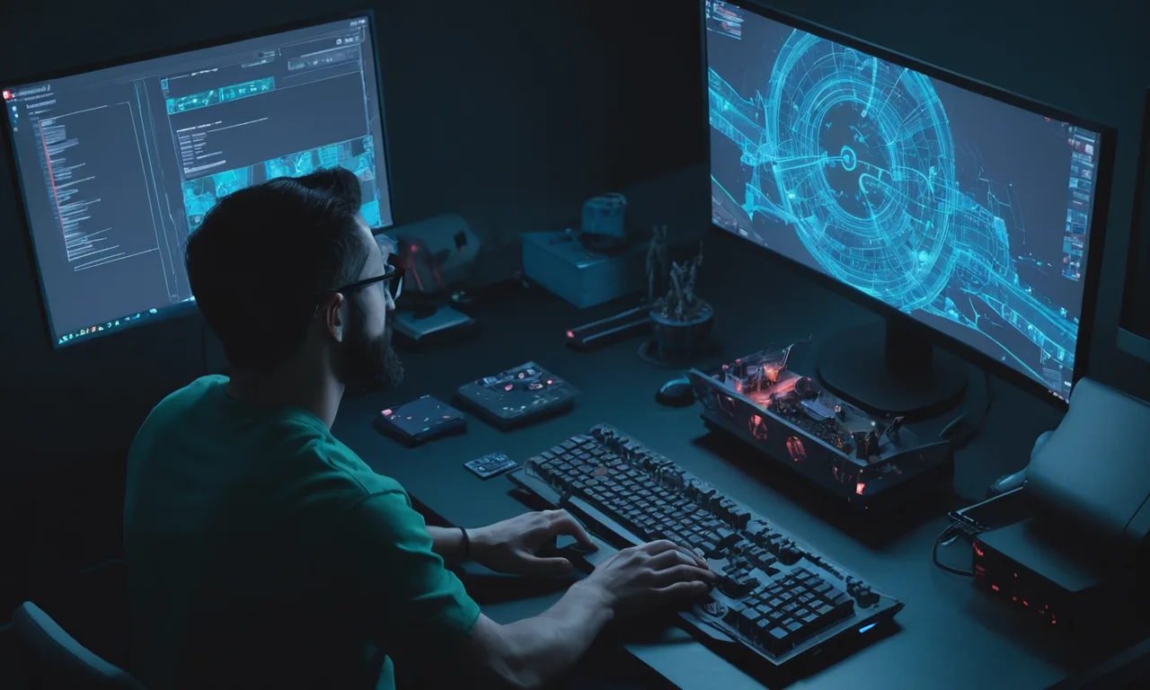 Un diseñador de juegos prueba y ajuste prototipos de diseño enemigo en una pantalla de computadora.