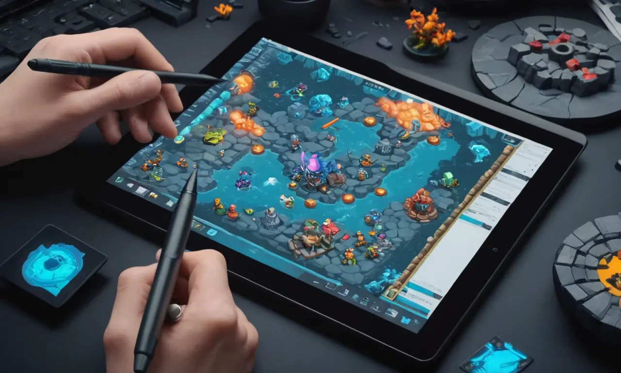 Las manos de un artista sostienen un estilo en una tableta, rodeado de software de diseño de juego y arte de concepto enemigo.