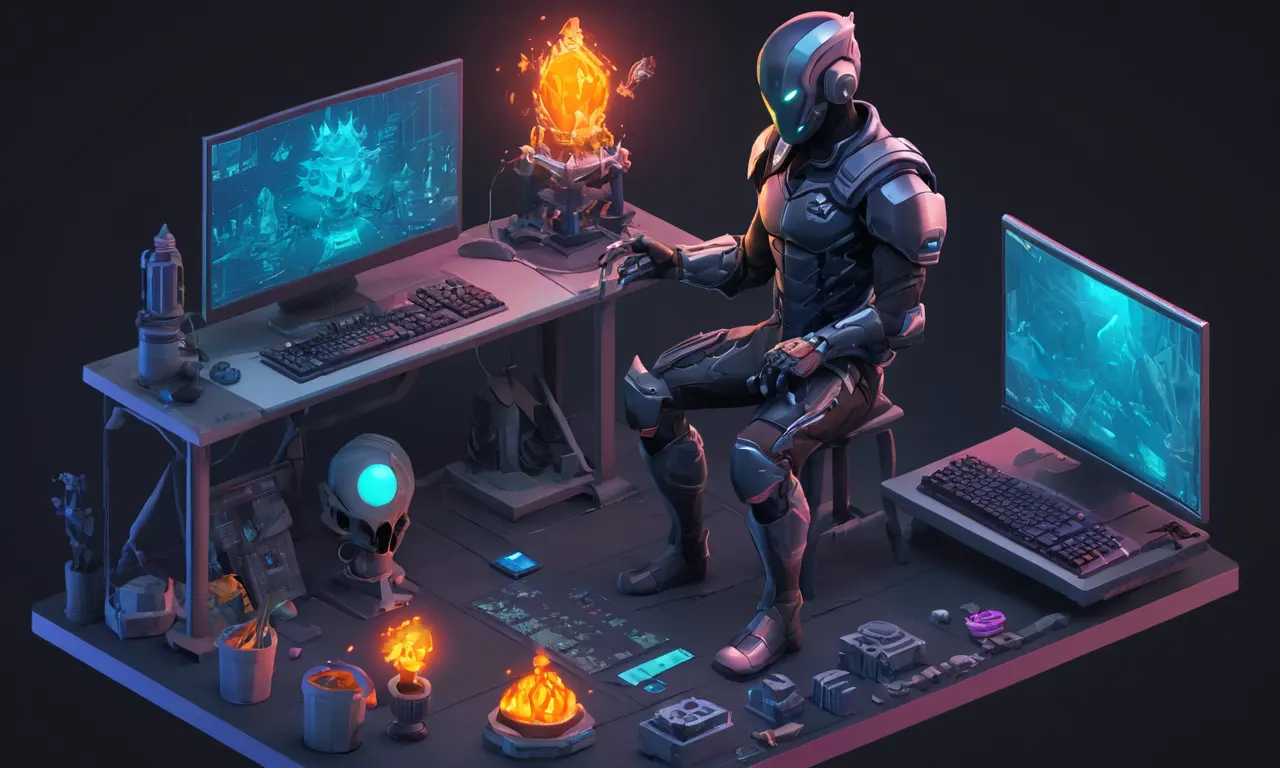 Un artista diseñando un personaje enemigo para un juego en una computadora con software de diseño y arte conceptual alrededor.