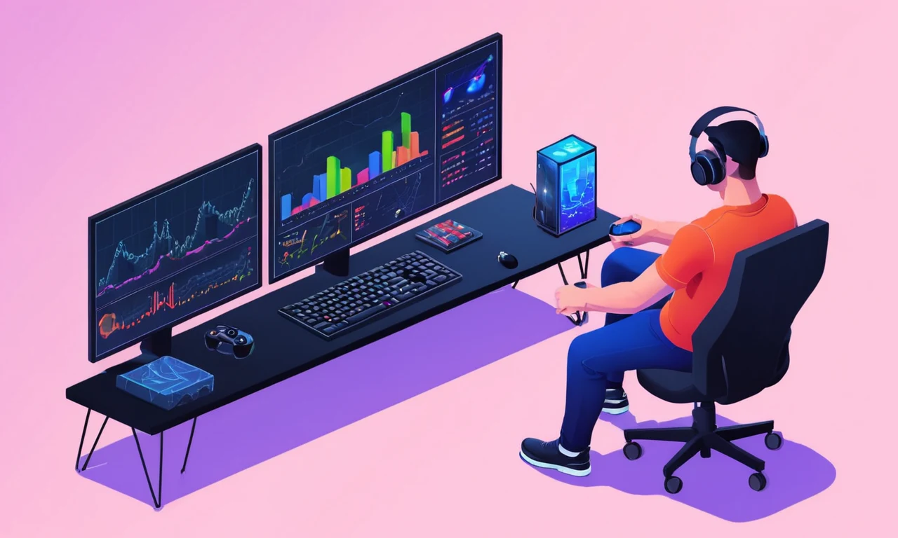 Un jugador sentado frente a una consola, con gráficos y gráficos mostrando desarrollo del juego y métricas de jugabilidad en la pantalla.