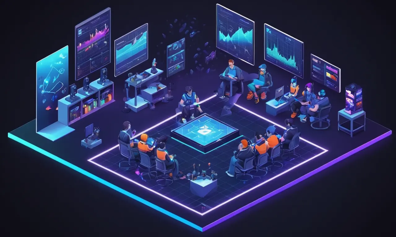 Un grupo de jugadores discuten juegos sobre un fondo de foro con gráficos y gráficos.