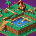 Una ilustración nostálgica que muestra la evolución de Donkey Kong desde sus orígenes arcade hasta convertirse en un personaje de videojuego icónico.