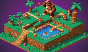 Una ilustración nostálgica que muestra la evolución de Donkey Kong desde sus orígenes arcade hasta convertirse en un personaje de videojuego icónico.