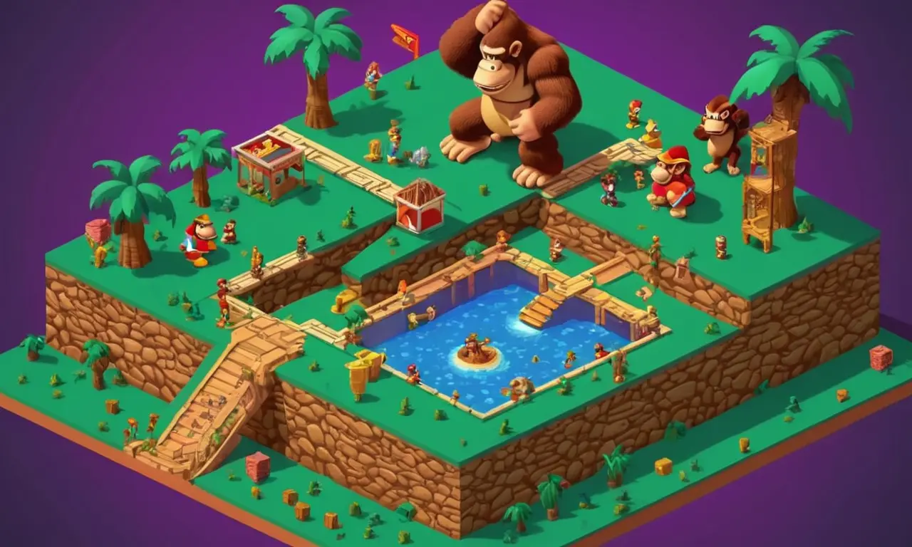 Una ilustración nostálgica que muestra la evolución de Donkey Kong desde sus orígenes arcade hasta convertirse en un personaje de videojuego icónico.