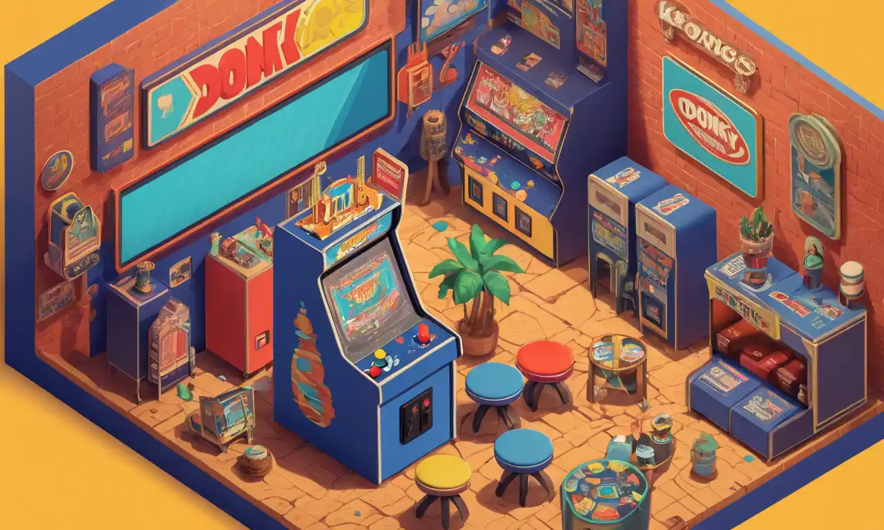 Una ilustración nostálgica del emblemático gabinete de arcade de Donkey Kongs rodeado de elementos nostálgicos y referencias culturales.