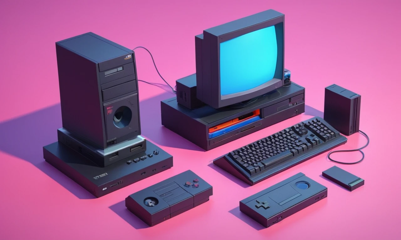 Una vieja computadora con una unidad CD-ROM rodeada de consolas y discos de juego retro.