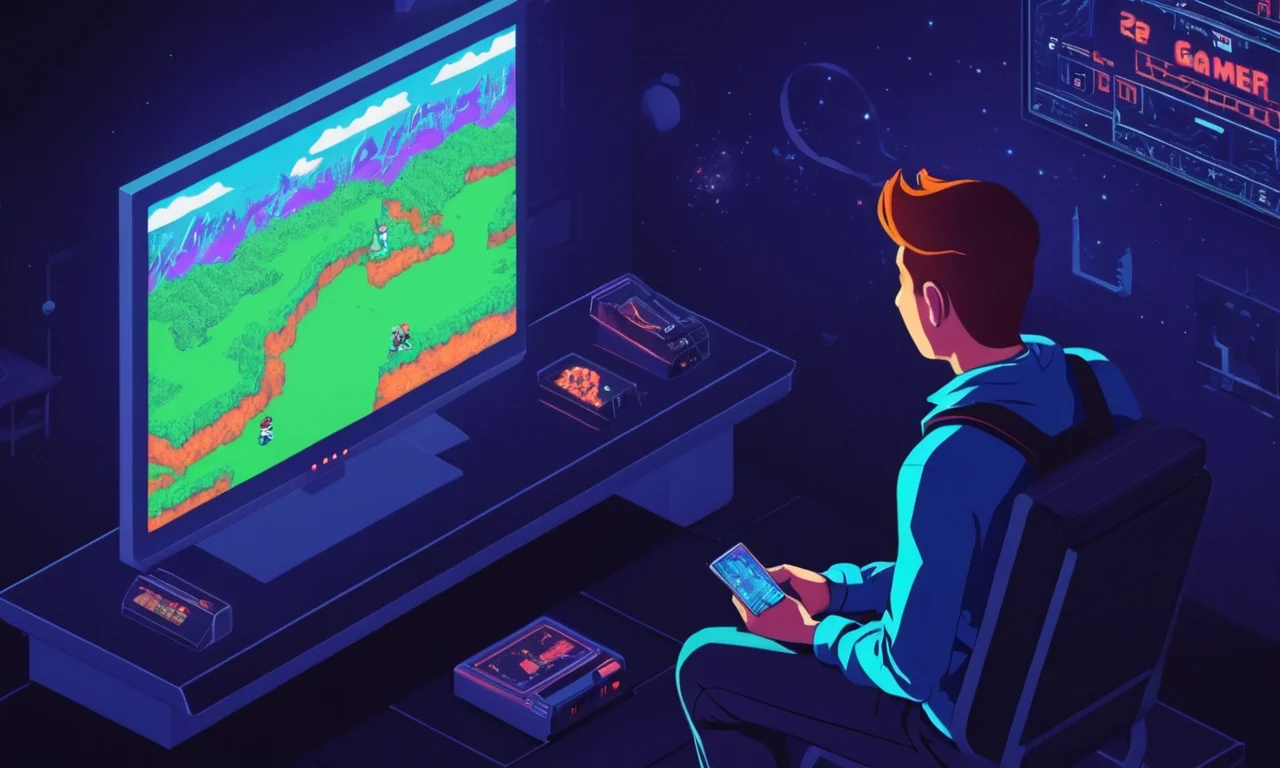 Un jugador sentado frente a una pantalla que muestra un videojuego retro con una predicción extraña sobre el futuro.