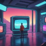 Un televisor retro que muestra una escena futurista de un viejo juego
