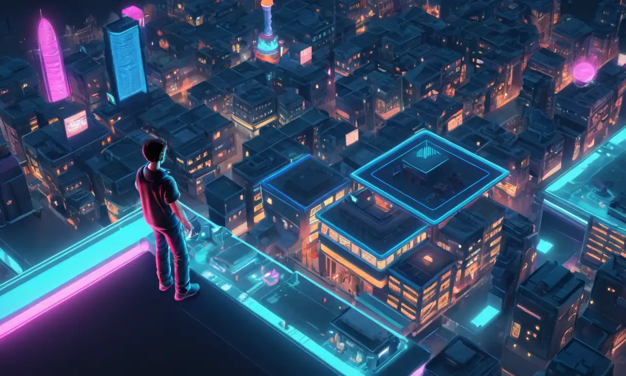 Una persona jugando un videojuego de la vieja escuela con un futurista paisaje urbano en el fondo.