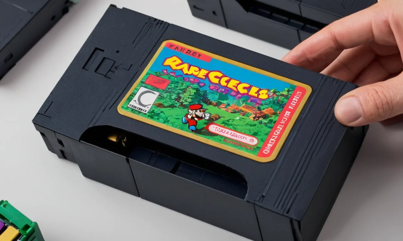 Un coleccionista examina cuidadosamente la condición de un cartucho de videojuego raro.