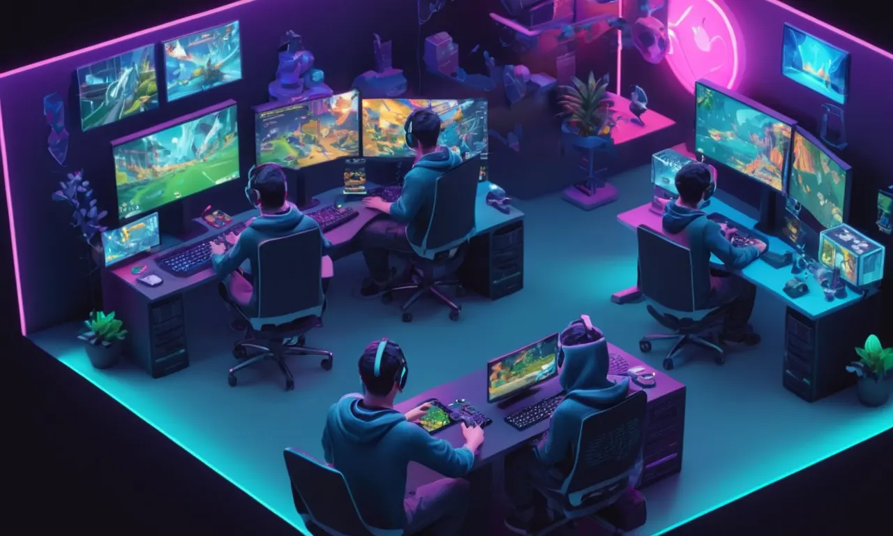 Un jugador sentado en un ordenador con un mundo virtual y otros jugadores en el fondo.