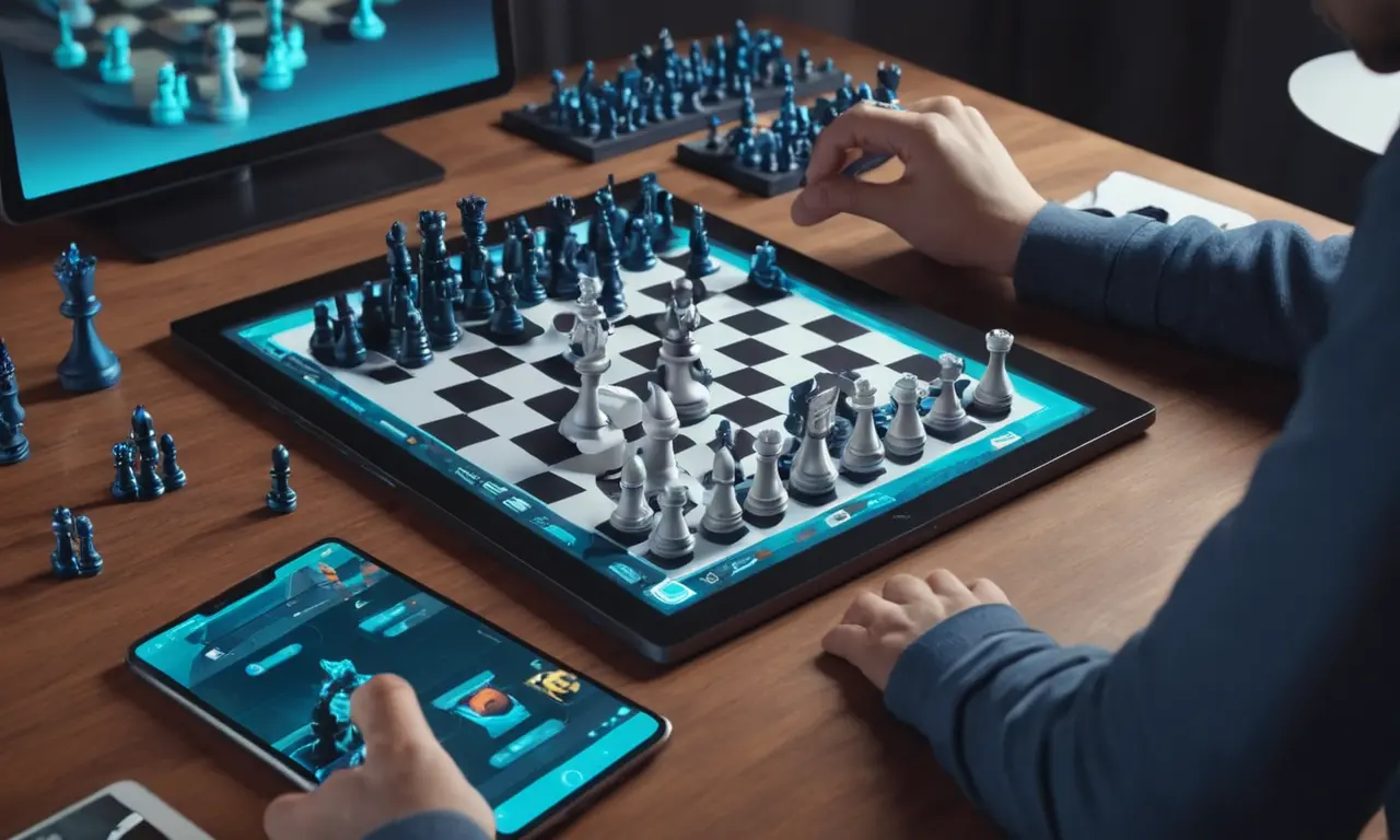 Un jugador jugando un juego de tablero digital en una consola con una tableta y piezas de ajedrez en el fondo.