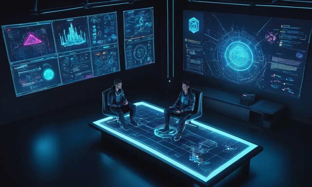 Un desarrollador futurista de juegos sentado frente a una pantalla holográfica con concepto de arte y símbolos de codificación.