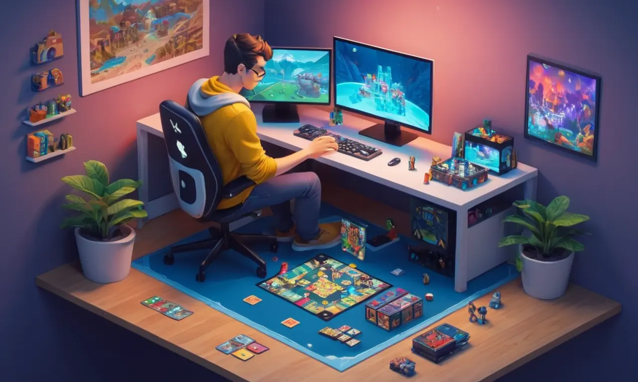 Un diseñador de juegos sentado en un escritorio con un equipo y componentes de juego de mesa.