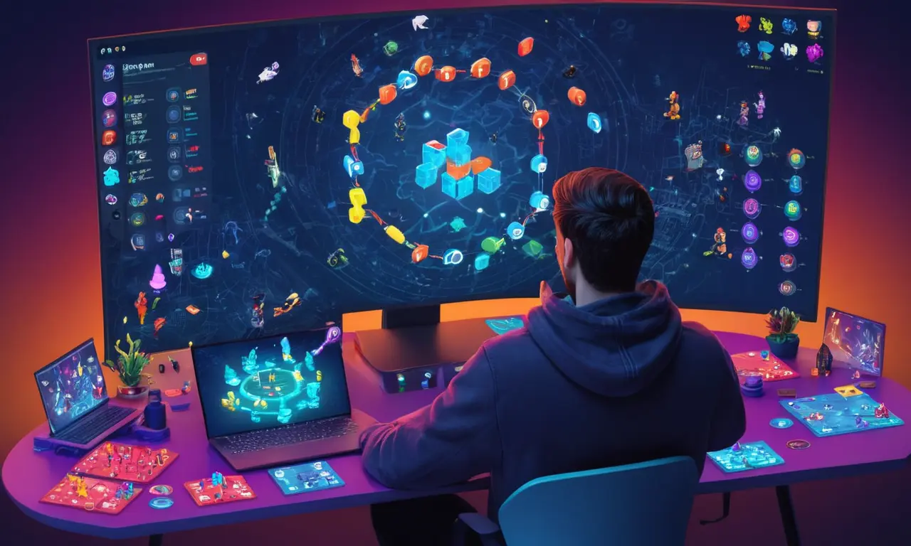 Un diseñador de juego híbrido sentado frente a un portátil con piezas de juego de mesa y símbolos de codificación en la pantalla.