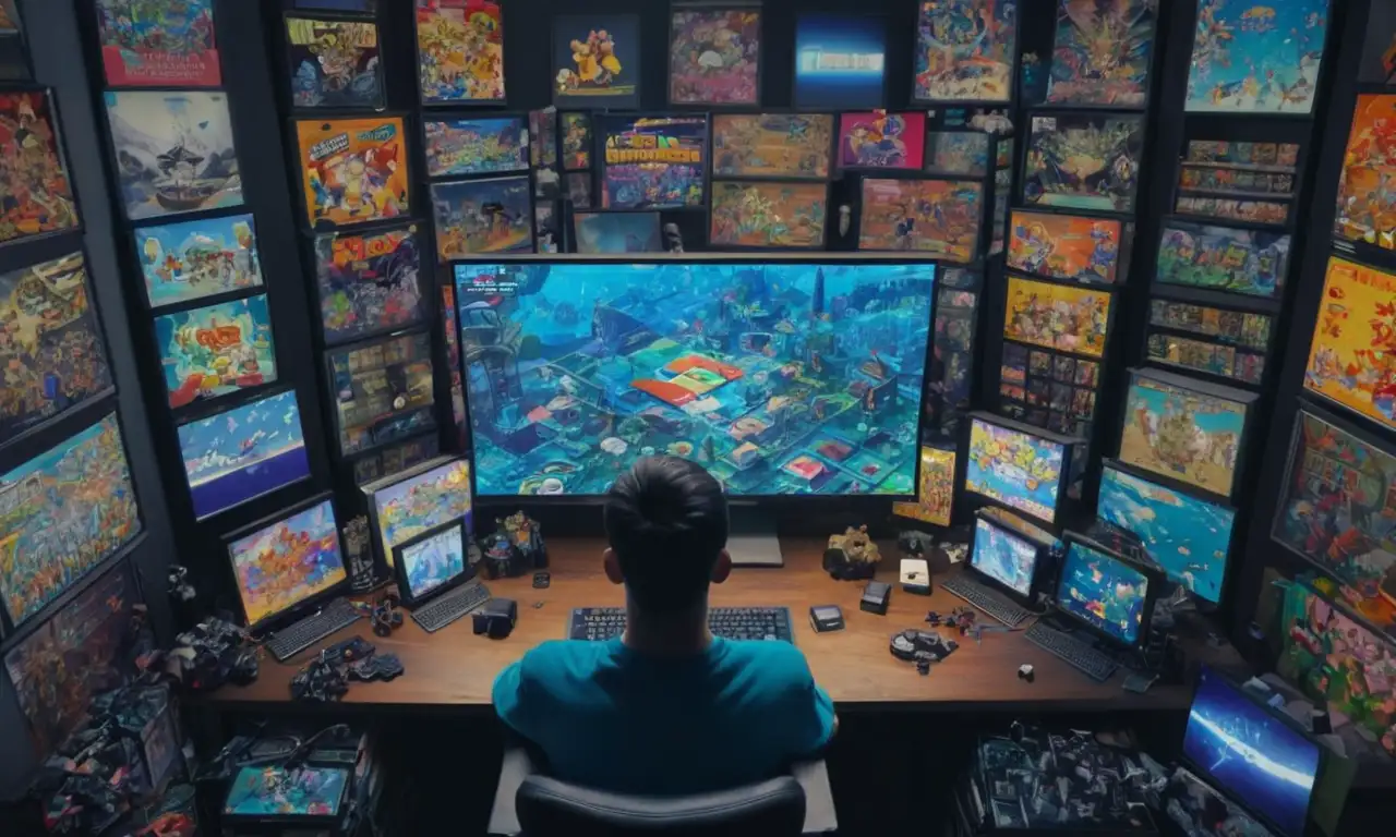 Una persona sentada frente a una pantalla de computadora que muestra raras colecciones de videojuegos con resultados de subastas y precios alcanzando altos récords.