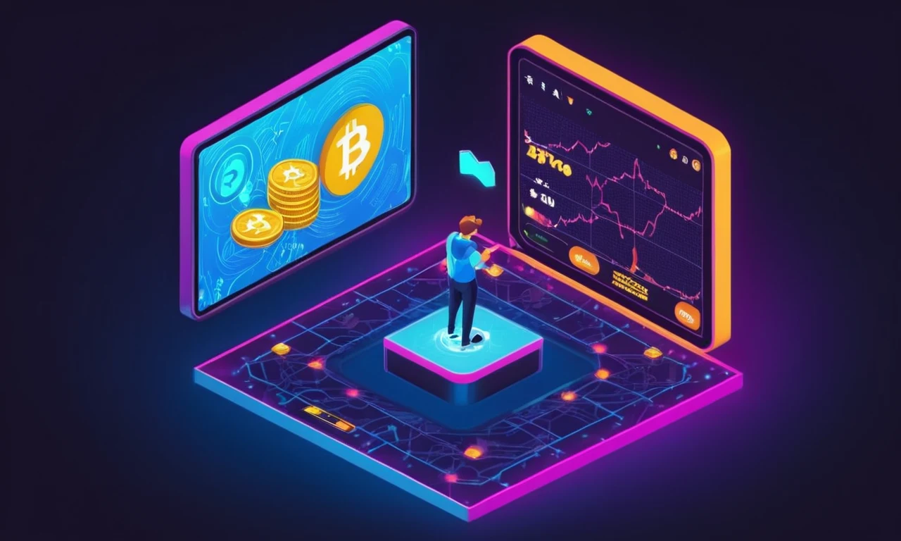 Una persona que sostiene un videojuego raro, con pantallas de subastas y símbolos de criptomoneda en el fondo.