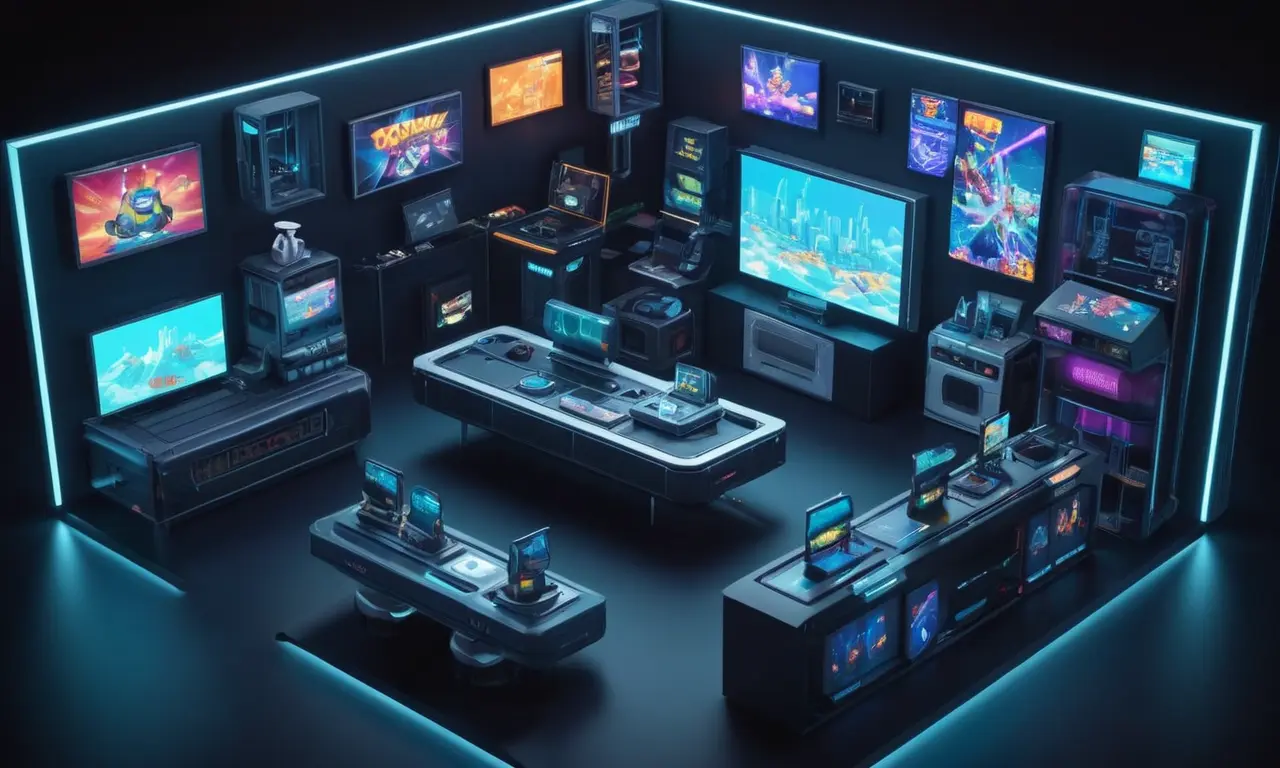 Un futurista relojero rodeado de consolas de juegos retro y pantallas que muestran la evolución de los gráficos en los videojuegos.