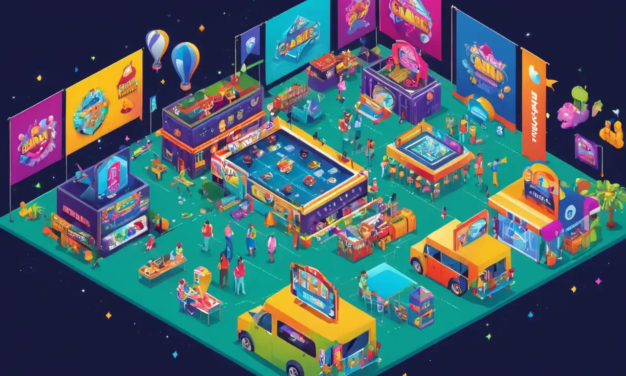 Un póster colorido destacando la importancia de las ferias de juegos móviles, con logotipos y banners de diversos eventos.