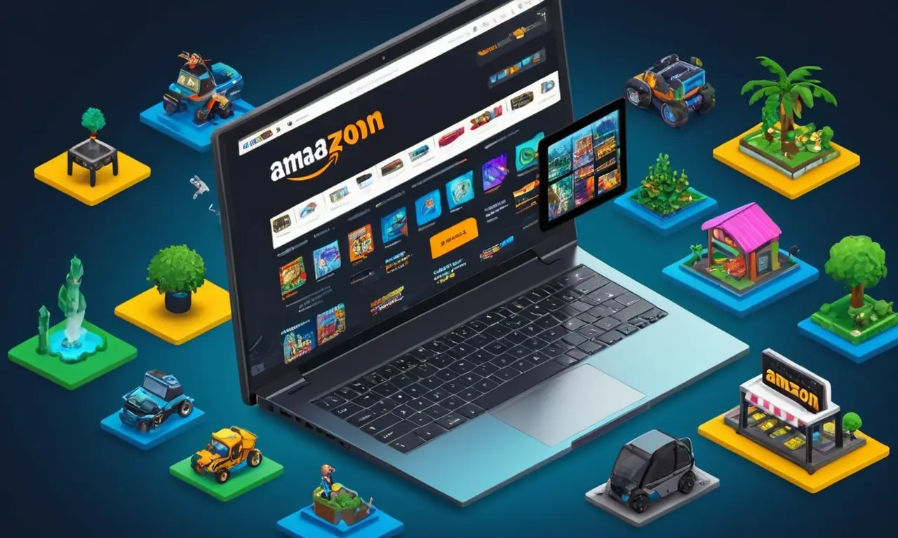 Una pantalla portátil que muestra el sitio web de Amazon con varias colecciones de juego y opciones para la compra.