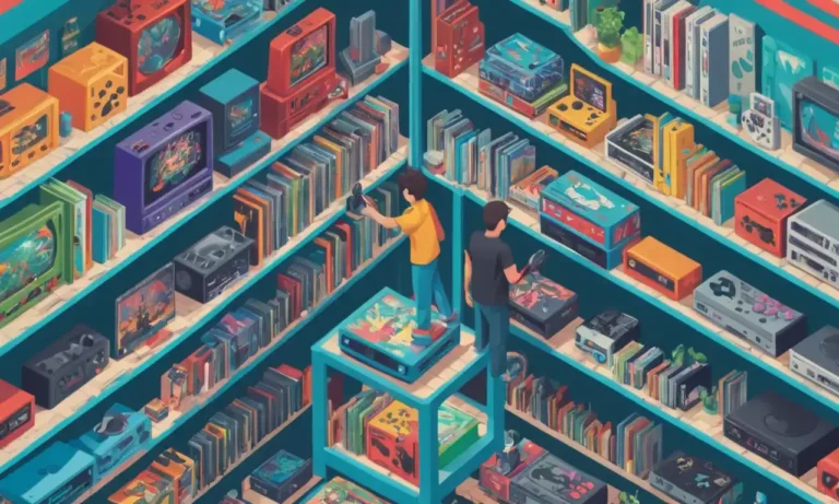 Una persona que sostiene una rara consola de juego rodeada de videojuegos coleccionables en estanterías.