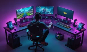 Un jugador sentado frente a un ordenador con múltiples pantallas de juego abiertas en el escritorio