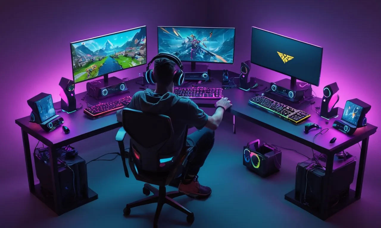 Un jugador sentado frente a un ordenador con múltiples pantallas de juego abiertas en el escritorio