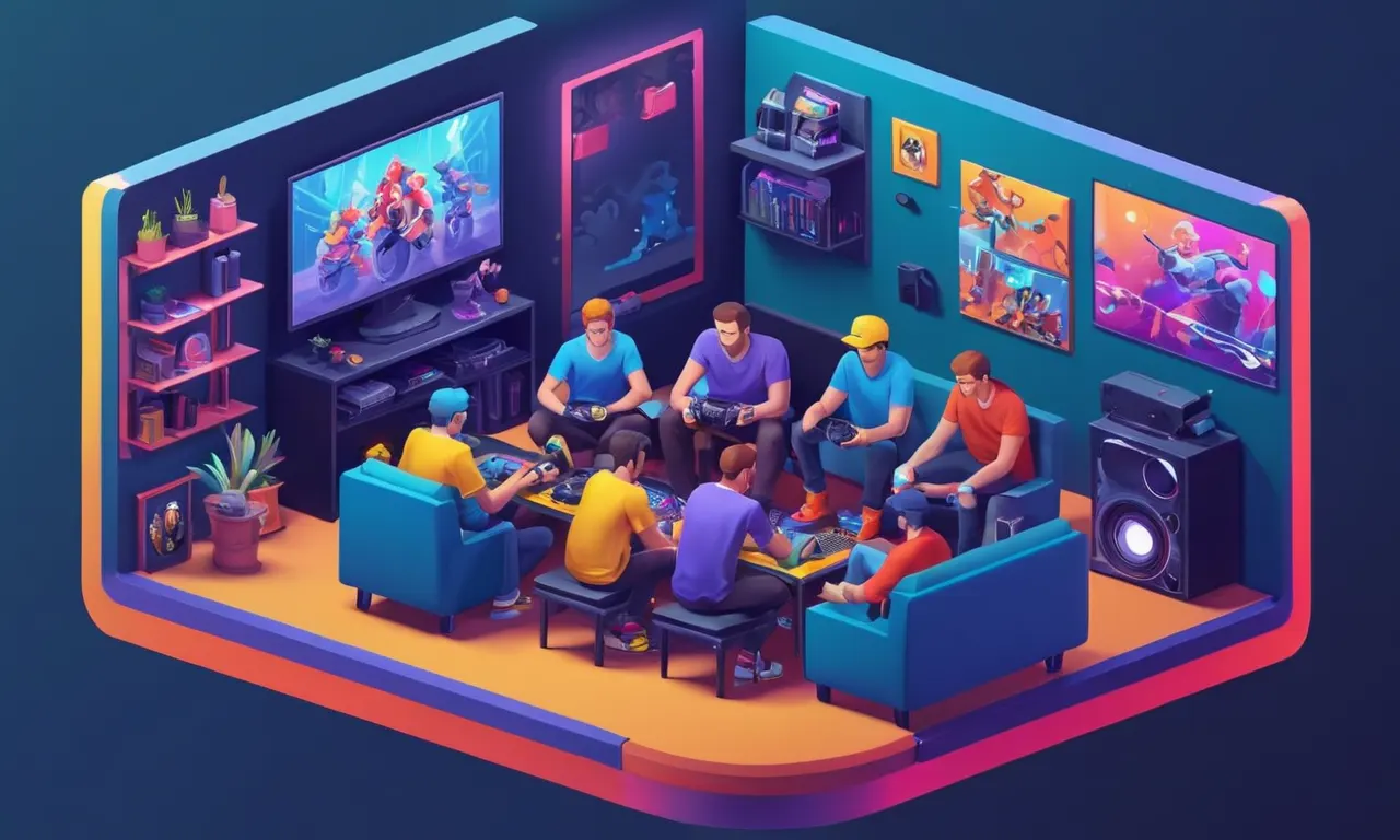 Un grupo de jugadores se reunieron alrededor de una consola de juego con una ventana de chat abierta.