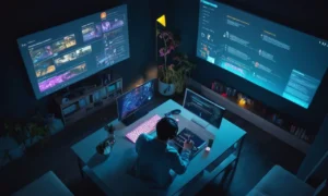 Una imagen de pantalla dividida que muestra a una persona jugando un videojuego junto con unas notas o diagramas psicólogos que resaltan las conexiones entre el juego y la psicología.