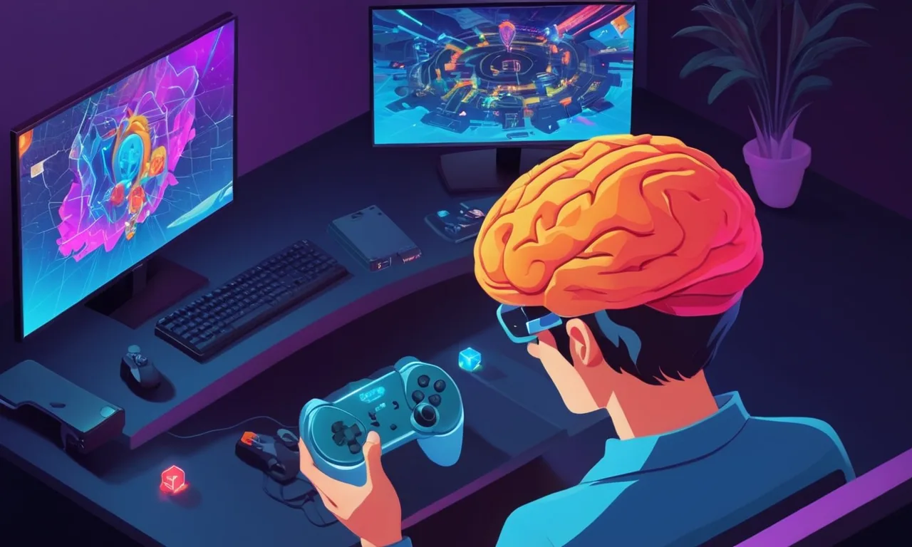 Un psicólogo que examina una actividad cerebral de jugadores con consola de juegos y datos psicológicos en el fondo.