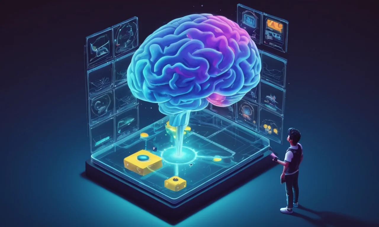 Una persona jugando un videojuego con una exploración cerebral o burbuja de pensamiento en el fondo, simbolizando la conexión entre el juego y el desarrollo cognitivo.