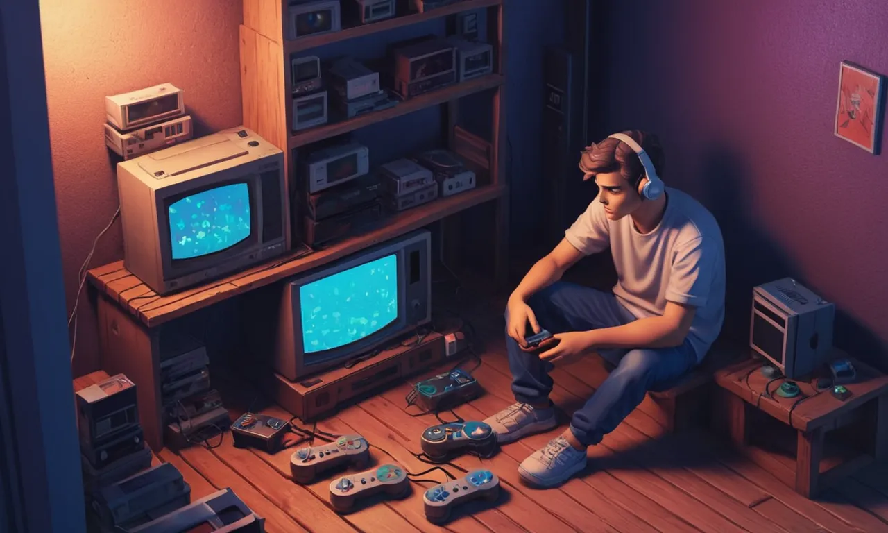 Un jugador nostálgico sentado frente a viejas consolas con pantallas de desvanecimiento.