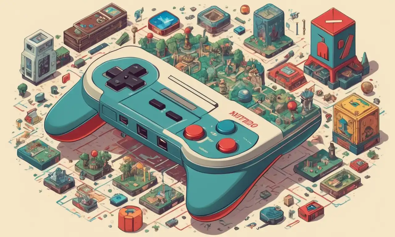 Una ilustración vintage del primer controlador de Nintendo rodeado de elementos de juego históricos y texto.