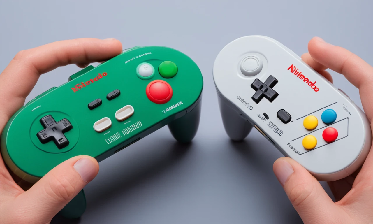 Una persona que mantiene el controlador original de Nintendo con una comparación de pantalla dividida de juegos clásicos y modernos.