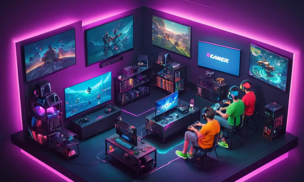 Un jugador rodeado de consolas de juego y amigos, con un mundo virtual mostrado en la pantalla.