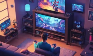 Un jugador sentado frente a un televisor rodeado de consolas y controladores.