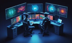 Un programador trabajando en un ordenador de desarrollo del juego con pantallas de codificación y gráficos de juego alrededor.