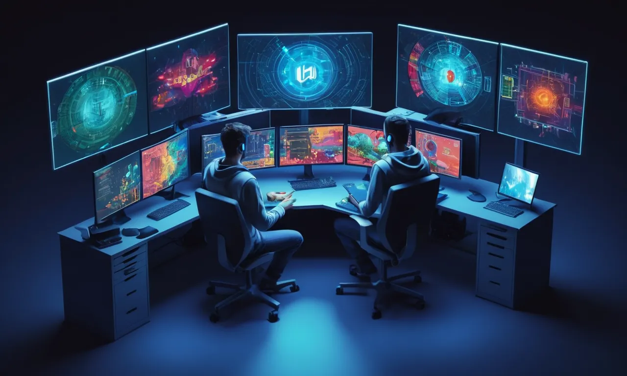Un programador trabajando en un ordenador de desarrollo del juego con pantallas de codificación y gráficos de juego alrededor.
